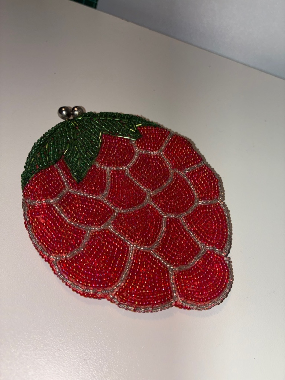 Vintage Handmade Beaded Strawberry Coin Purse with KISS Clasp